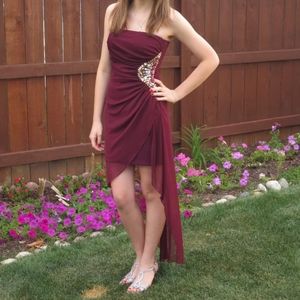 Maroon High Low (Hi-Lo) Dress - Ruching, Rhinestones, Sheer Draping - Prom